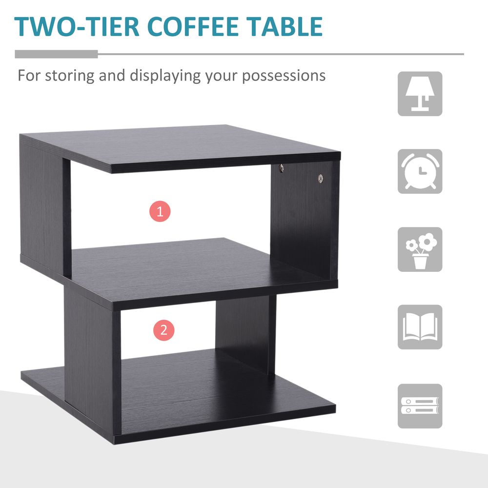 Modern Square Coffee Table with 2-Tier Wood Shelves, Black, Storage Shelf