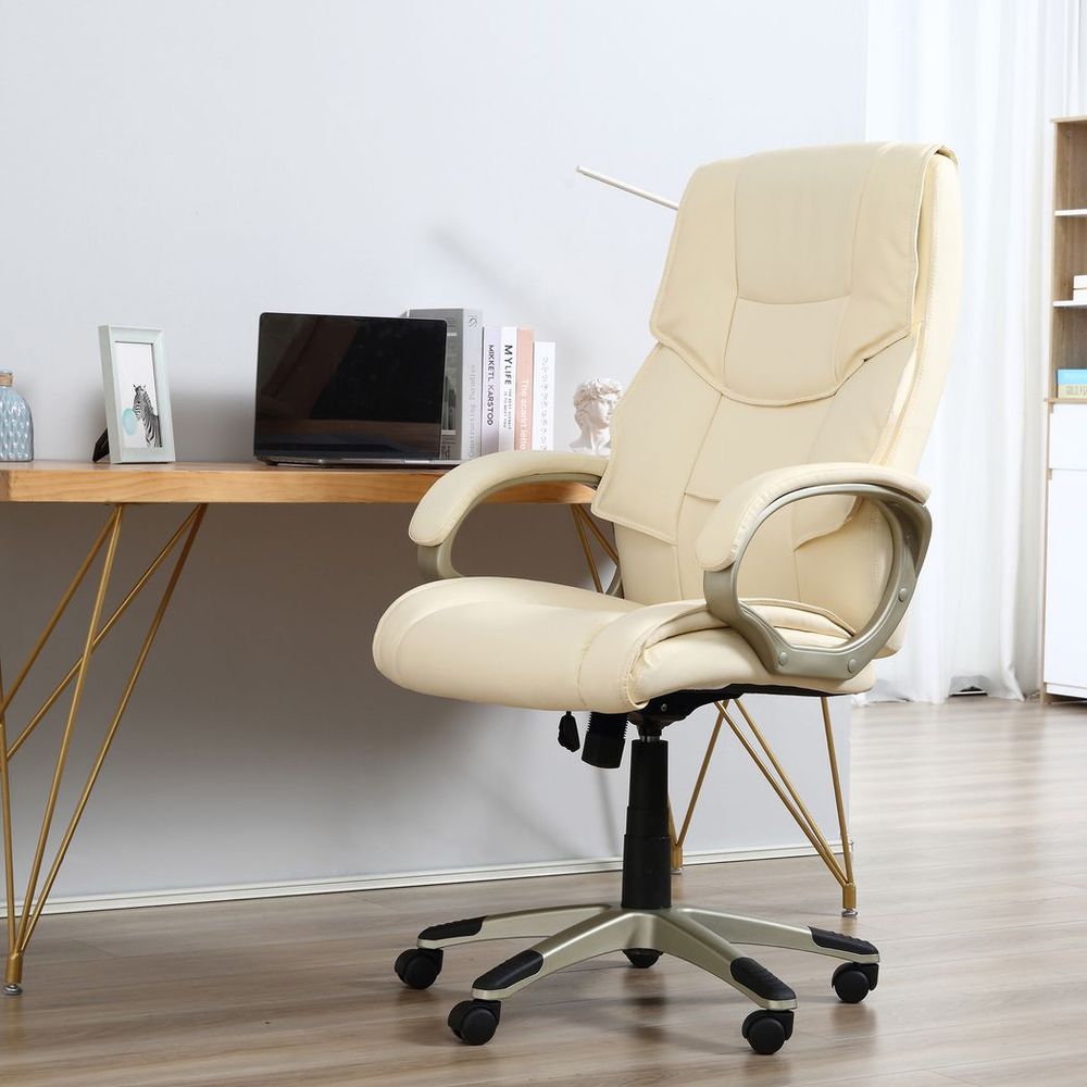 White Faux Leather Executive Office Chair with Swivel Wheels, Stylish and Comfortable