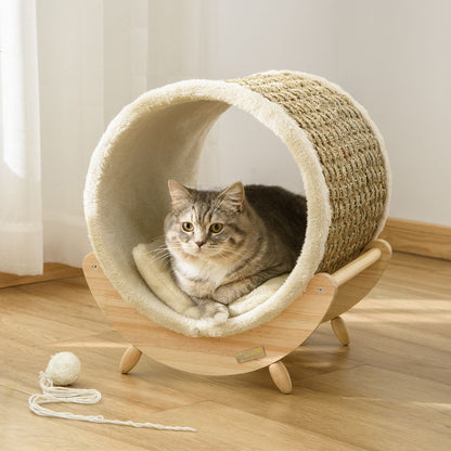 Beige Elevated Cat House Bed with Scratching Cushion, Ideal for Kittens and Cats