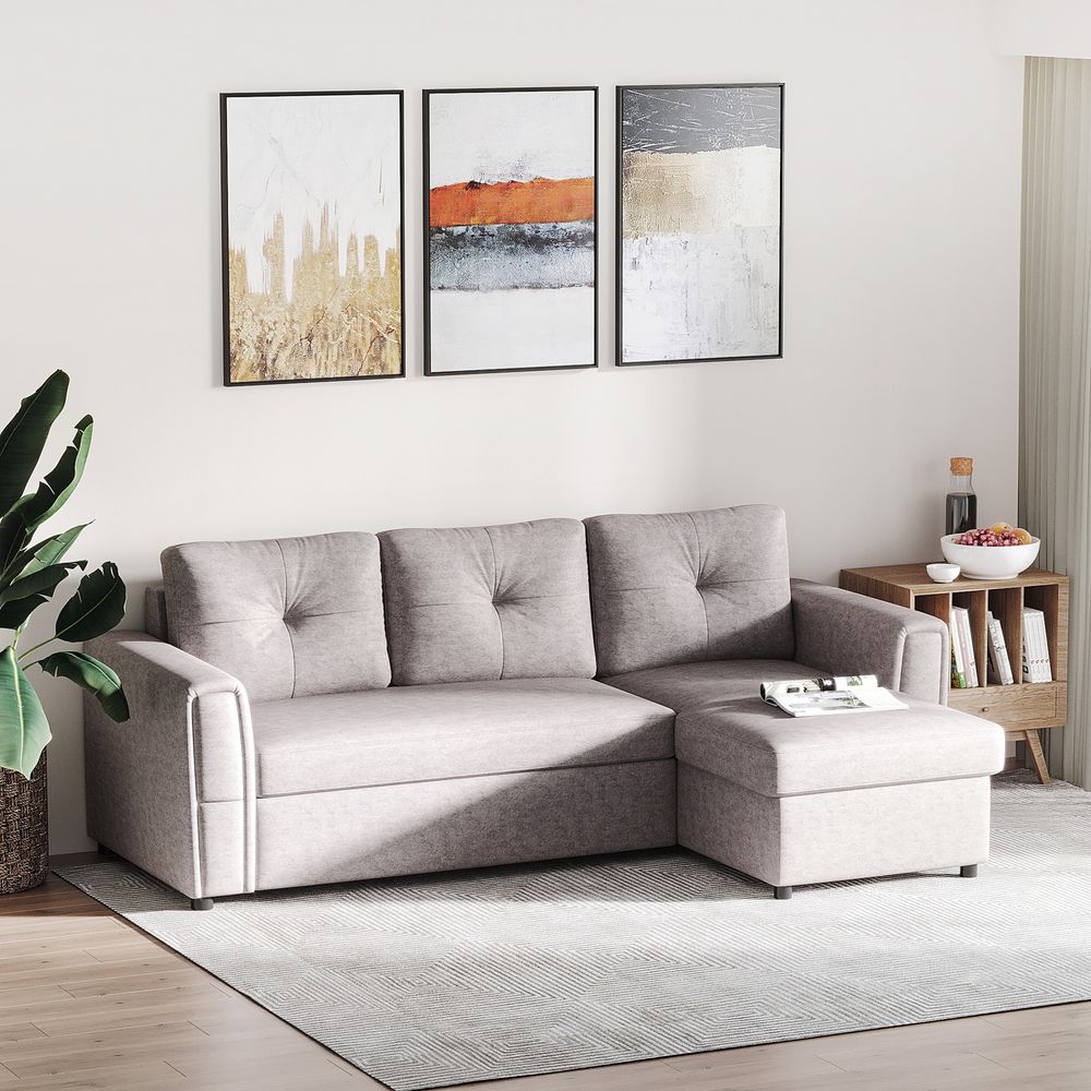 Linen-Look L-Shaped Sofa Bed with Storage and Flat Sleeper, Grey Studio