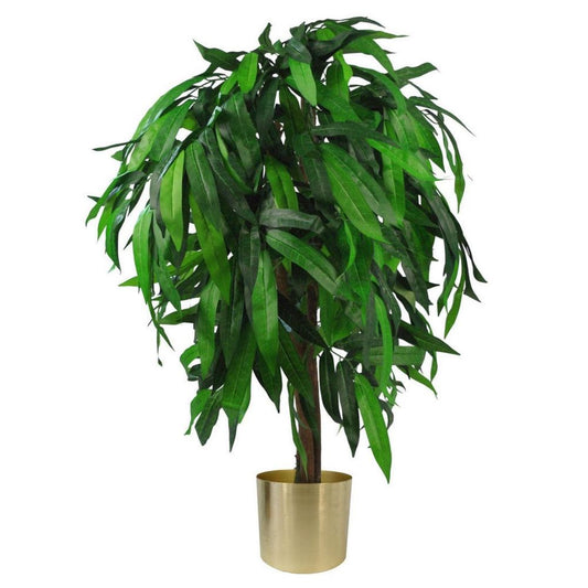 100cm UK Realistic Artificial Mango Plant Tree in Lush Green and Gold - Ideal for Indoor Decor