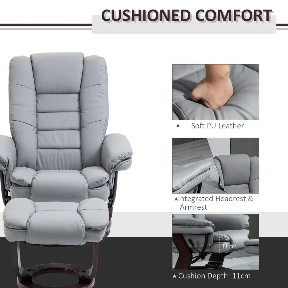 Grey PU Lounge Chair Set with Manual Recliner and Footrest on Sturdy Wooden Base