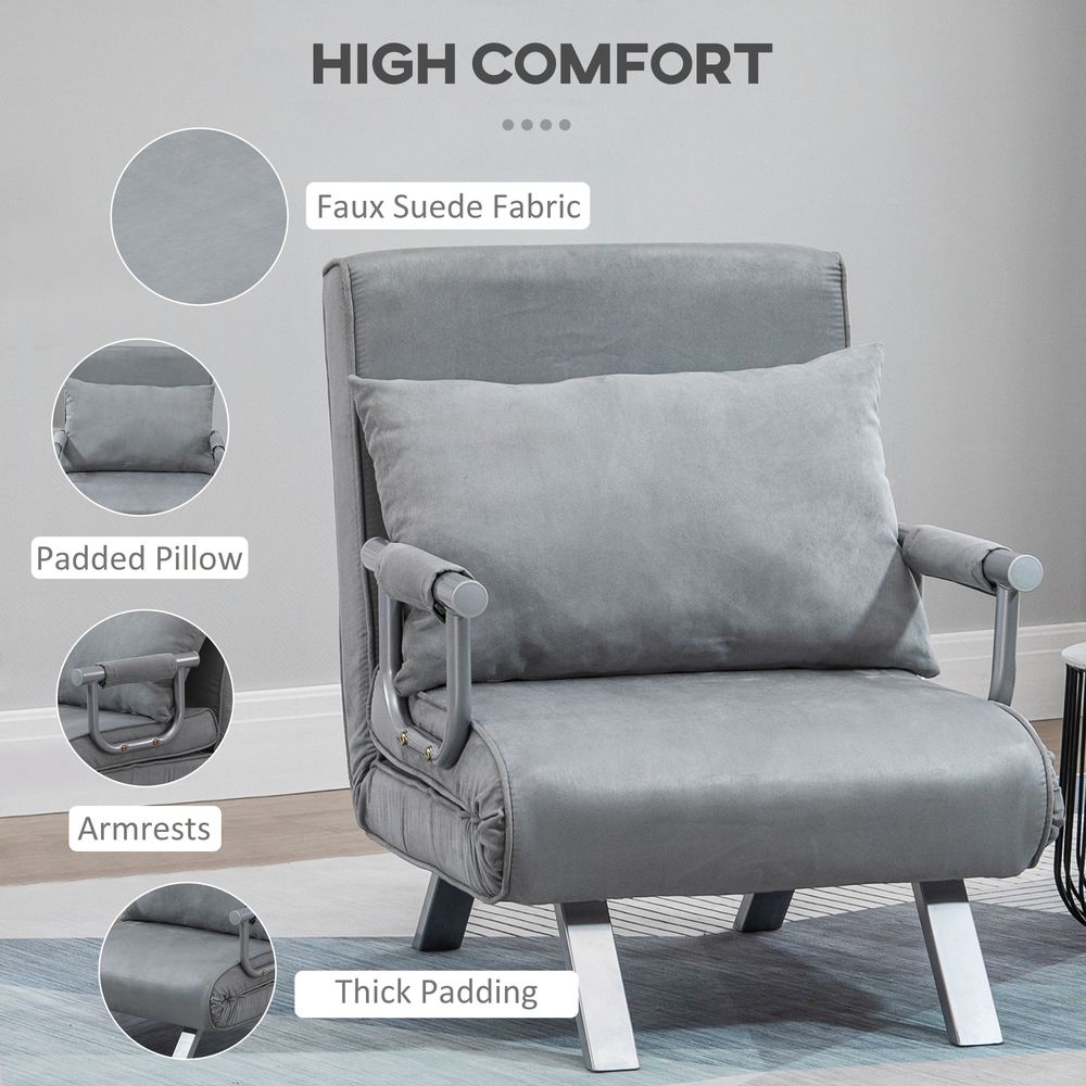 Foldable Portable Sofa Bed Armchair with Pillow, Light Grey Lounge Sleeper