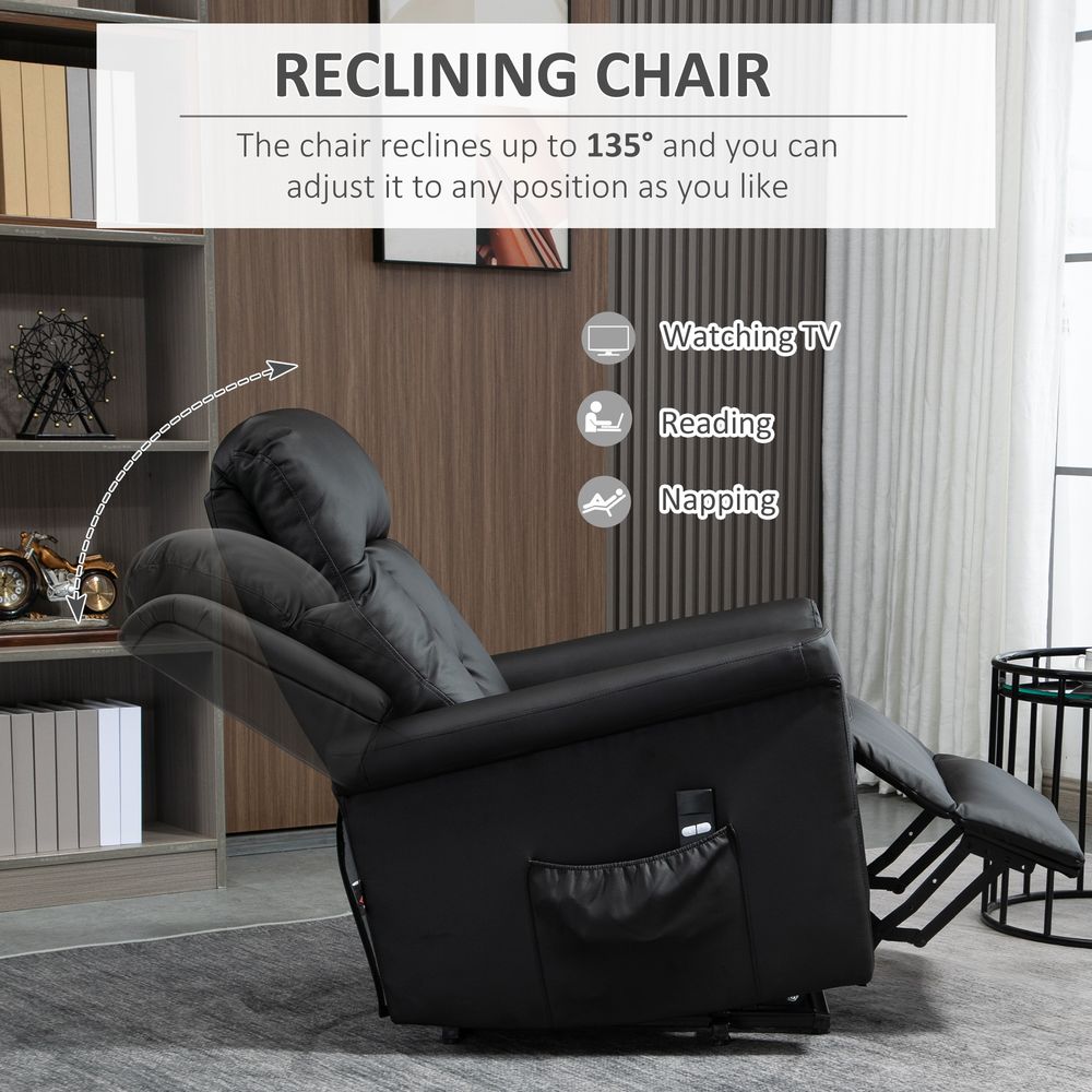 Black PU Leather Power Lift Recliner with Side Pocket for Storage and Comfort