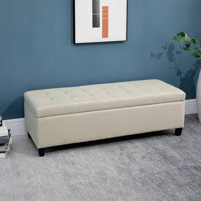 Padded Linen Storage Ottoman Bench with Tufted Hinged Lid and Wooden Frame