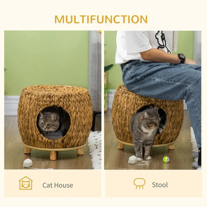 Wicker Rattan Cat House Stool, Indoor and Outdoor Kitten Bed with Soft Cushion