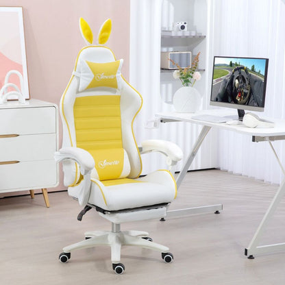 Yellow Racing Style Gaming Chair with Footrest and Removable Rabbit Ears Design