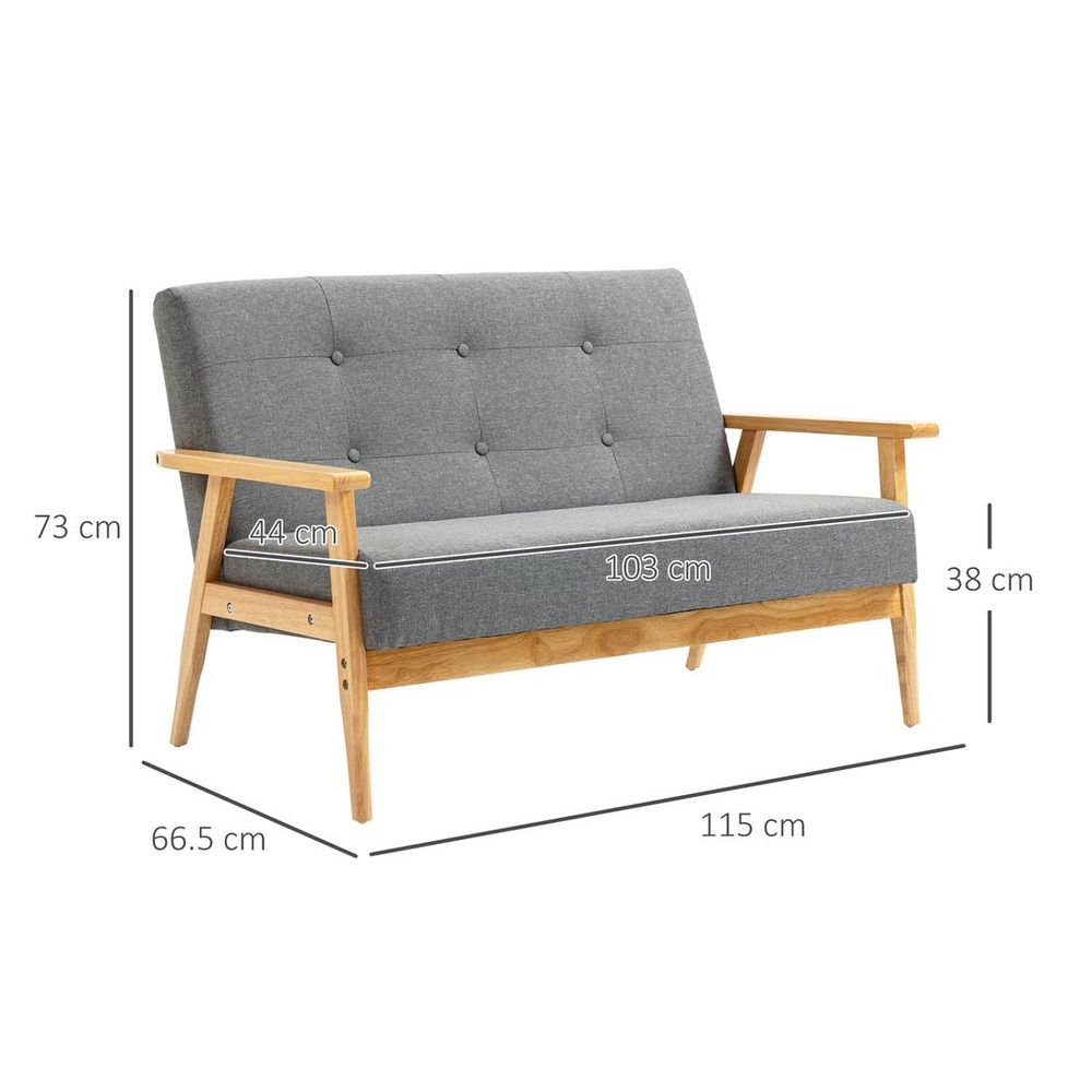 Modern 2-Seater Sofa with Upholstery and Rubber Wood Legs, Dark Grey