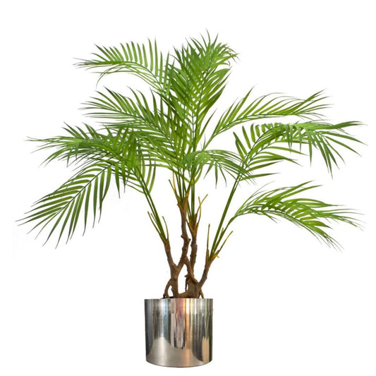 90cm Artificial Areca Palm with Twisted Trunk in Silver Metal Planter - Lifelike Design