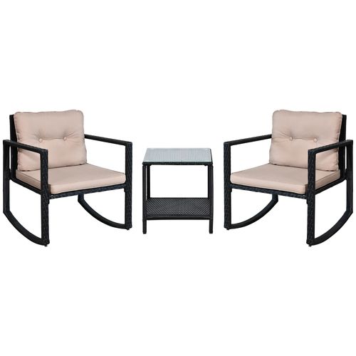 2 Seater Rattan Rocking Set W/Cushion-Black/Beige