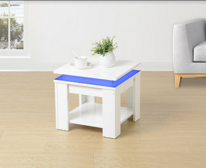 White Square Side Table with Blue LED Light, Modern and Stylish