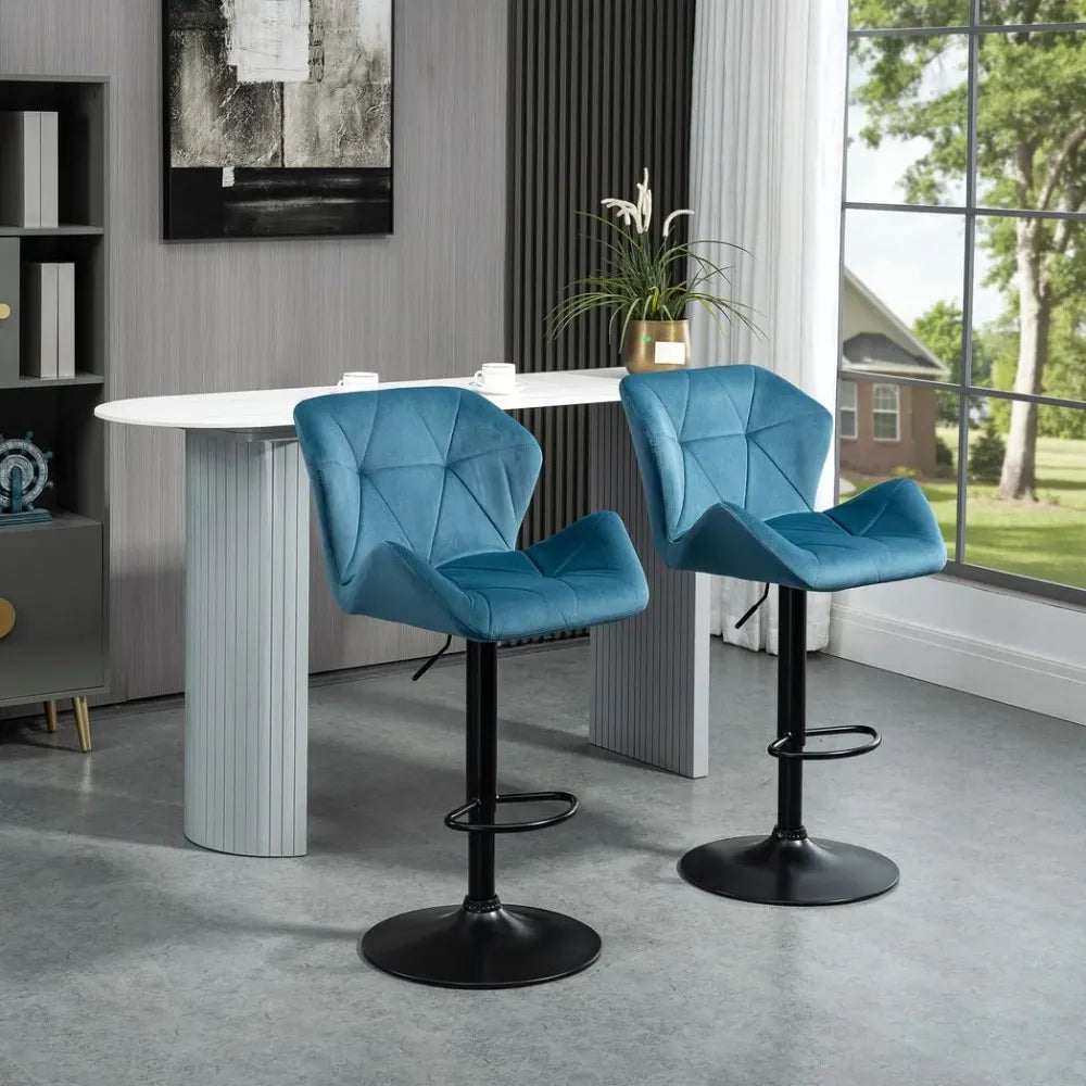 Set of 2 Luxurious Velvet-Touch Bar Stools - Metal Frame, Footrest Base, Blue