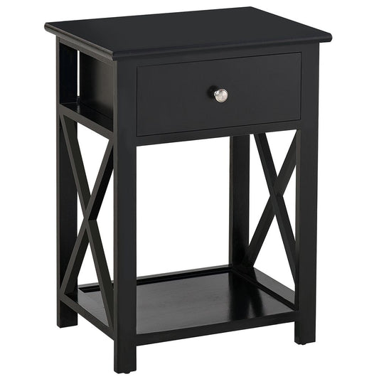 Black MDF 2-Tier Side Table with Drawer - Stylish Storage Solution for Homes