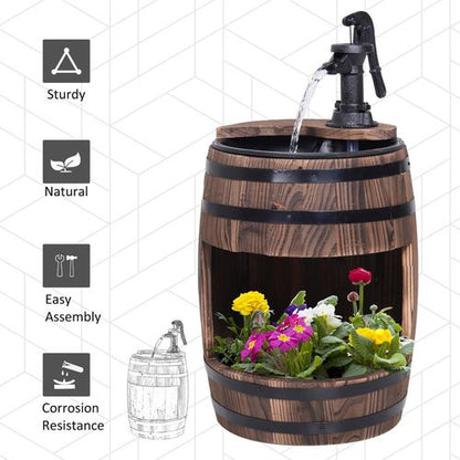 Rustic Wood Barrel Fountain: Stylish Garden Pump & Flower Planter Stand