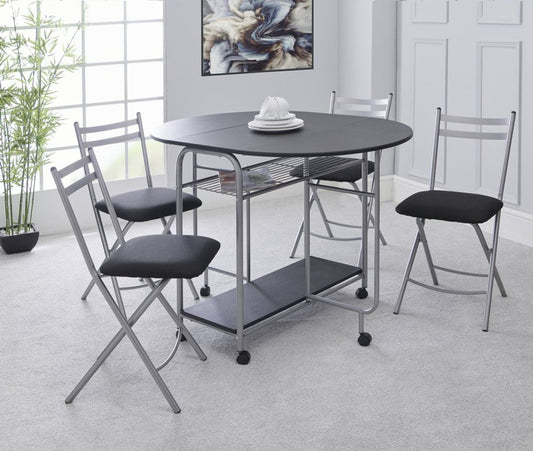 Stowaway Dining Set for 4, Black and Silver Design, Perfect for Compact Spaces