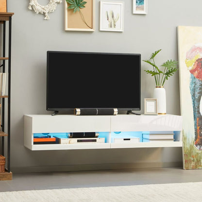 High Gloss TV Stand Unit – Wall-Mounted with Storage & LED Lights – White