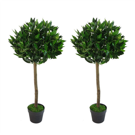 Pair of 90cm Artificial Topiary Bay Laurel Ball Trees with Plain Stem for Decor