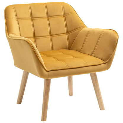 Luxe Velvet-Feel Accent Chair - Wide Arms, Slanted Back Padding, Wood Legs, Yellow