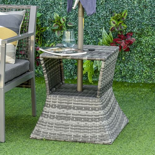 Rattan Wicker Tea Coffee Table w/ Umbrella Hole and Storage Space Grey