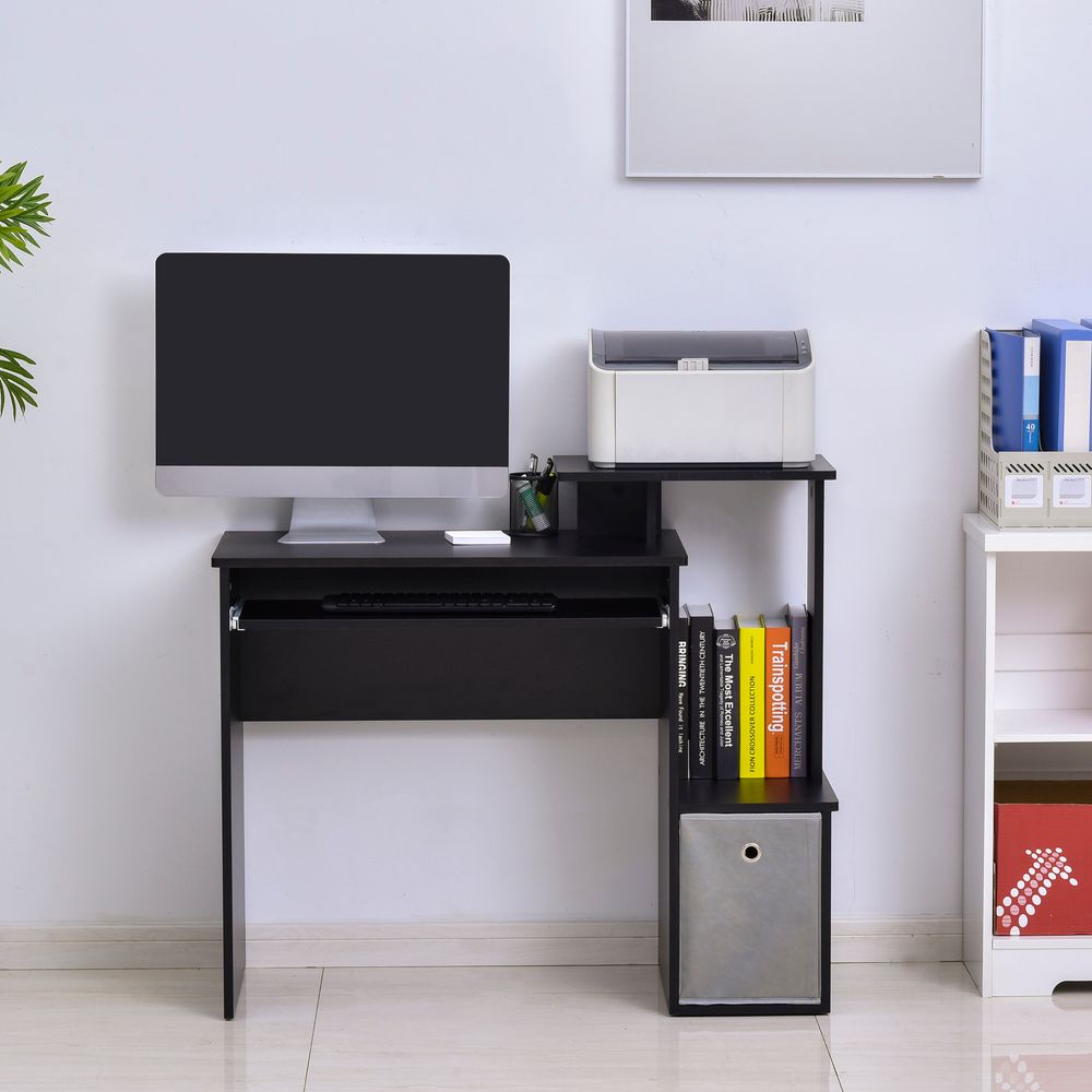 Black Computer Desk with Sliding Keyboard Tray and Storage Drawer Shelf for Functional Use