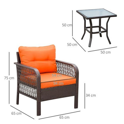 3-Piece Orange Rattan Bistro Set with Glass Top - Cosy Patio Charm!