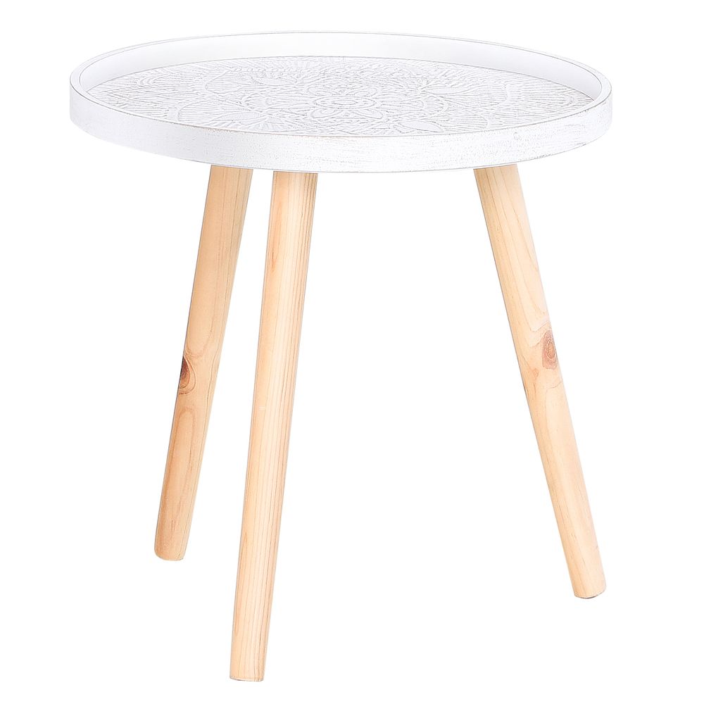 White Floral Etched Pine Wood Side Table with Saucer Top for Chic Decor