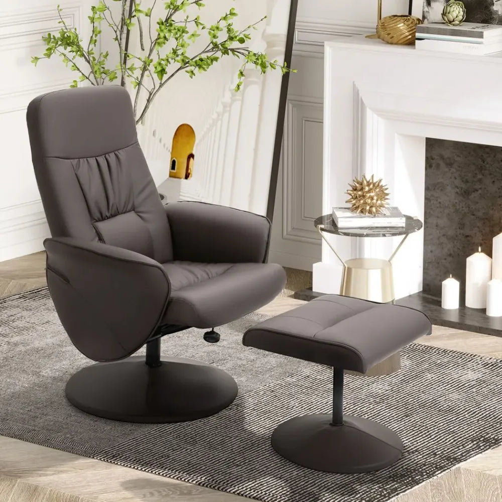 2-Piece Reclining Armchair & Ottoman Set – 360-Degree Swivel PU Leather – Brown