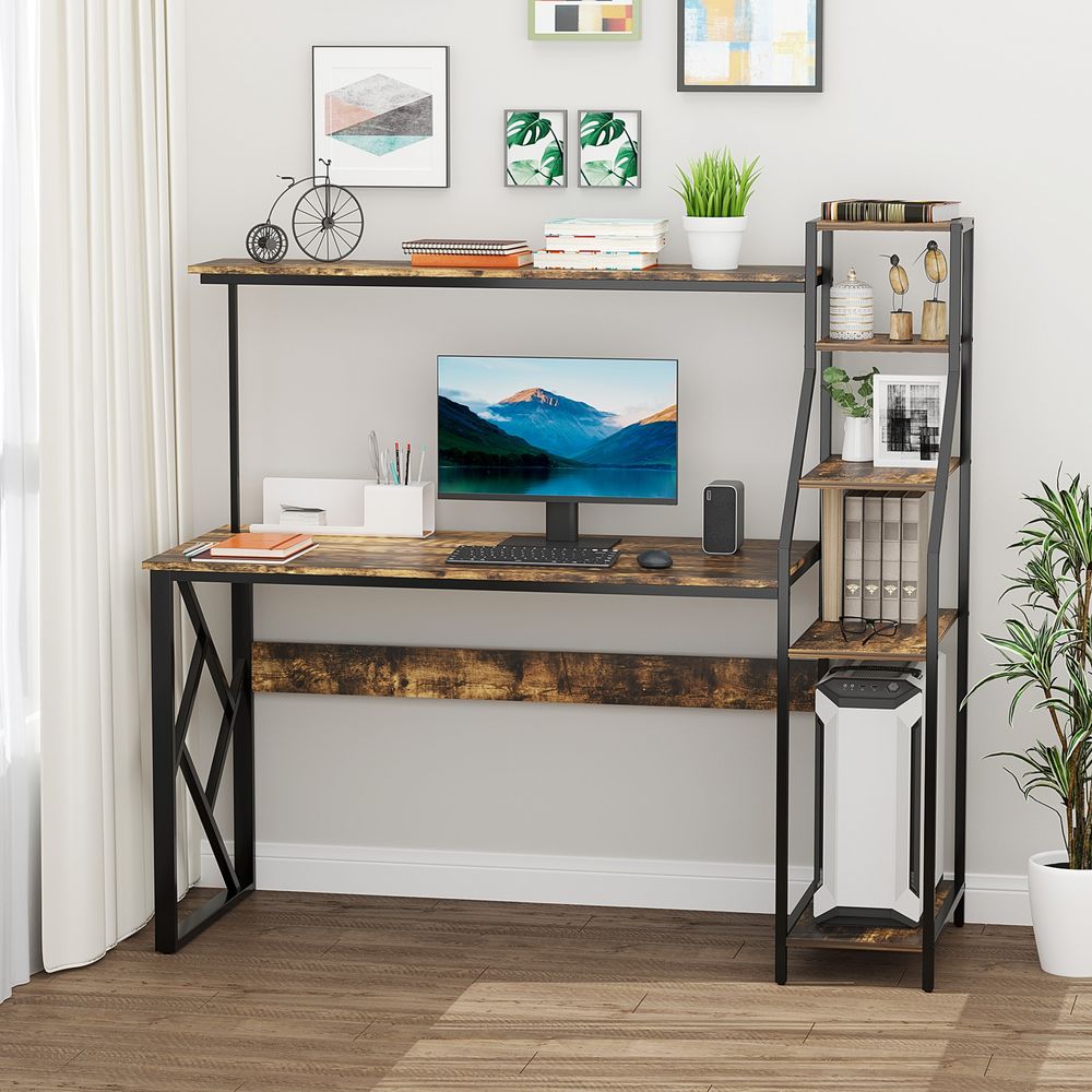 Rustic Industrial 6-Tier Storage Computer Desk, Perfect for Home Workstations