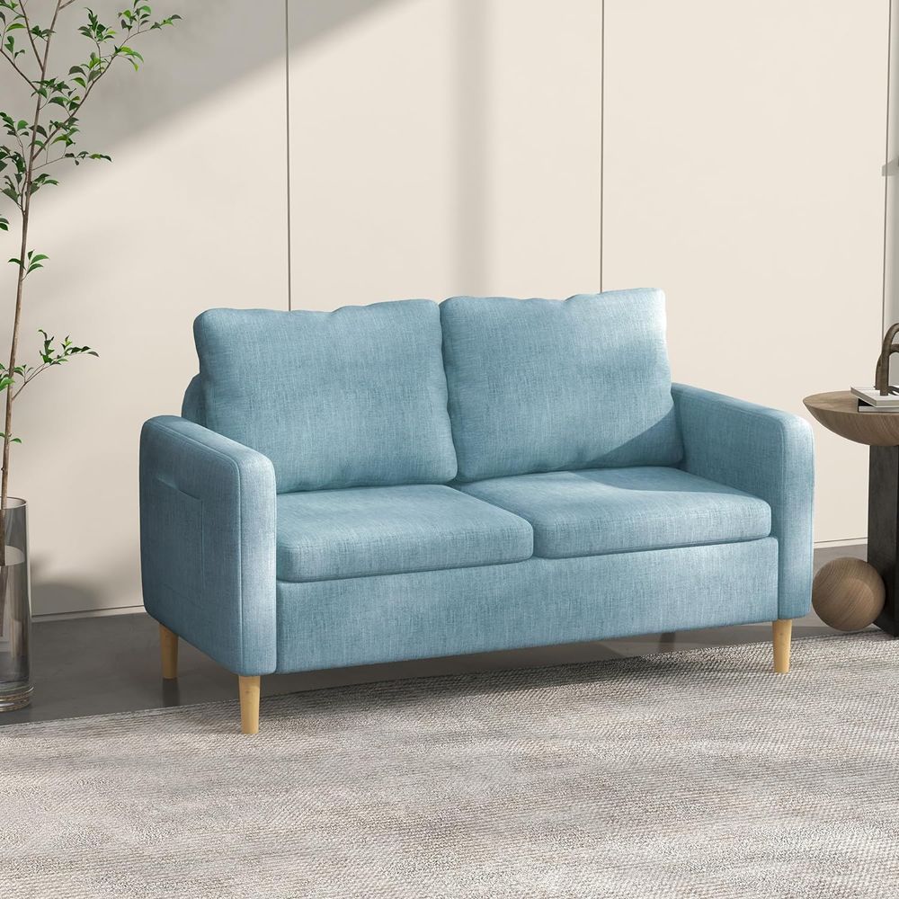 2-Seater Modern Fabric Sofa with Wood Legs and Dual Pockets in Blue