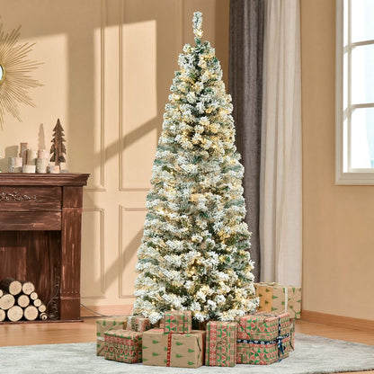 6ft Pre-Lit Snow Flocked Artificial Christmas Tree with Warm LED Lights