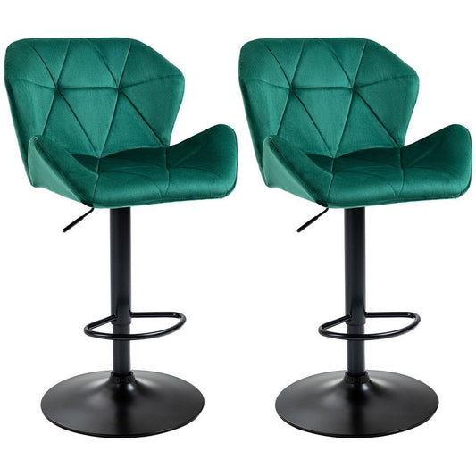 Set of 2 Luxurious Velvet-Touch Bar Stools - Metal Frame, Footrest Base, Green