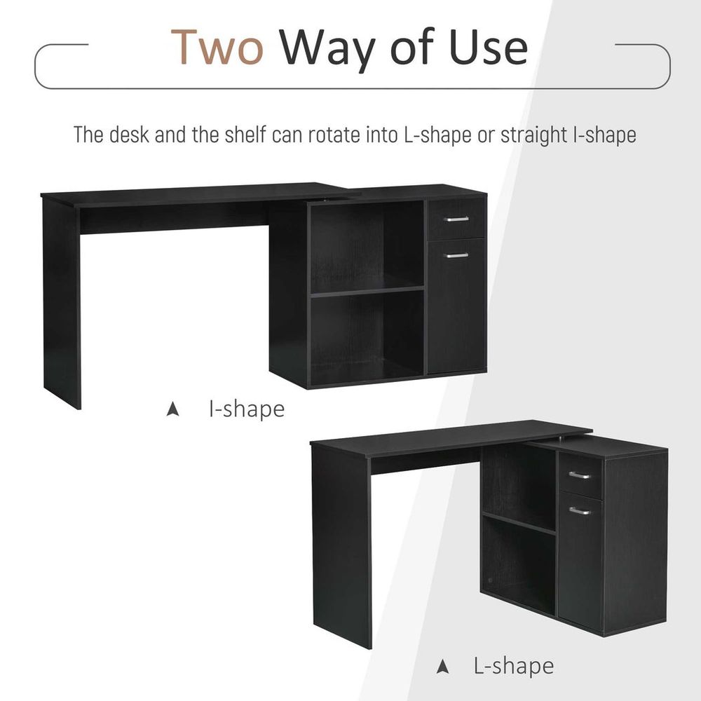 Black Corner Computer Desk with 360-Degree Rotation and Storage Shelf for Efficient Use