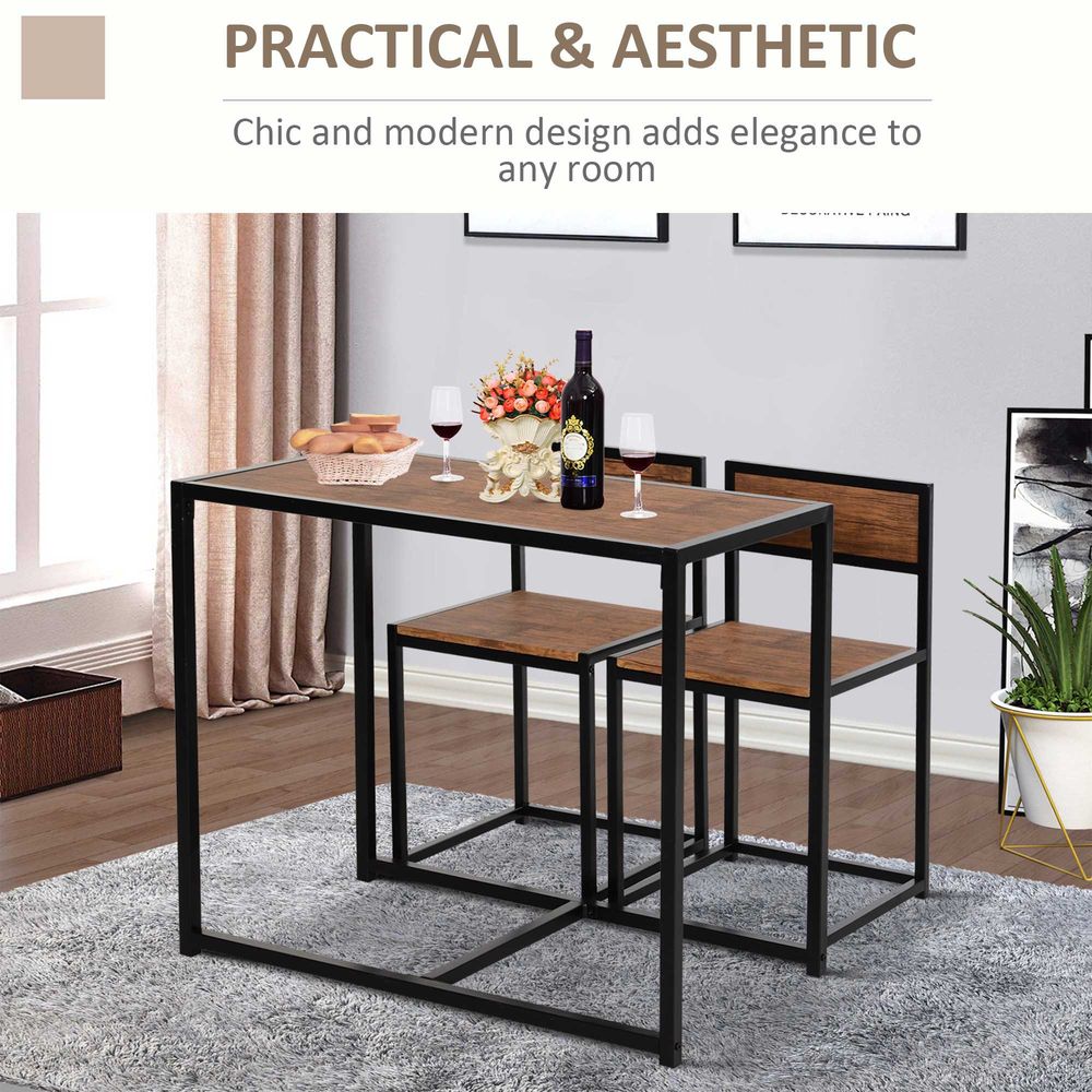 Steel Frame MDF Bar Stool and Table Set for 2-Seaters, Wood Tone