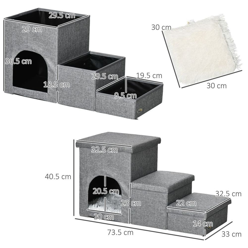 3-Step Grey Dog Steps for Bed with Cat House Storage Boxes for Sofa