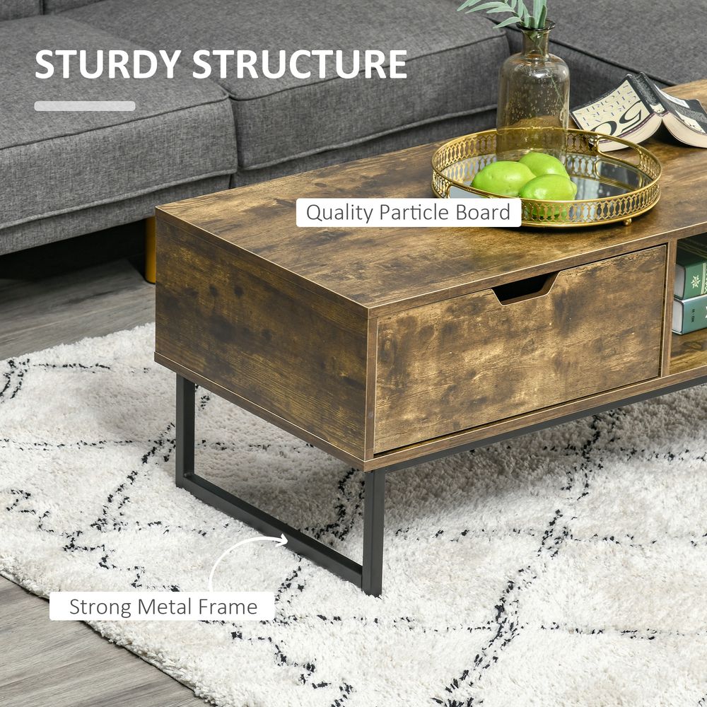 Coffee Table with Wood Finish and Metal Frame, Drawer and Shelf, Brown