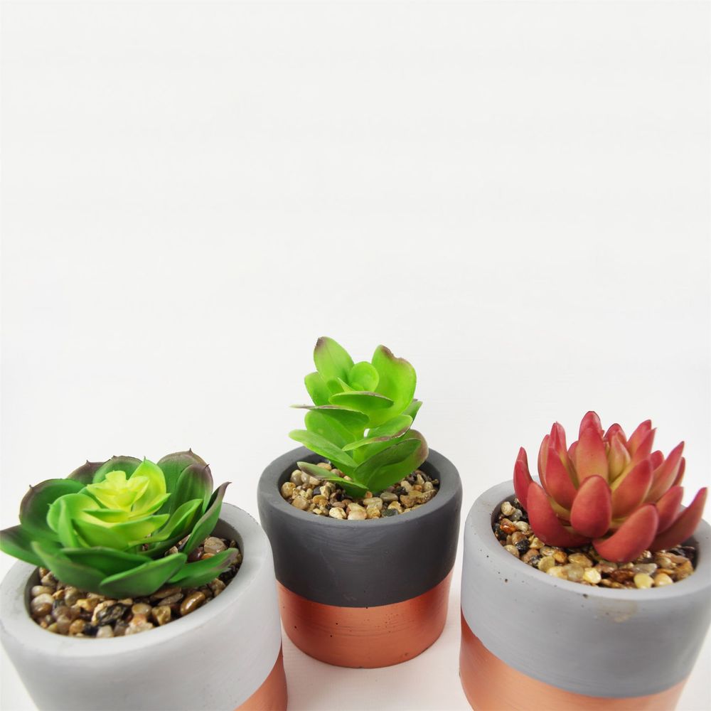 Set of Three 14cm Stoneware Planters with Artificial Succulents and Copper Accents