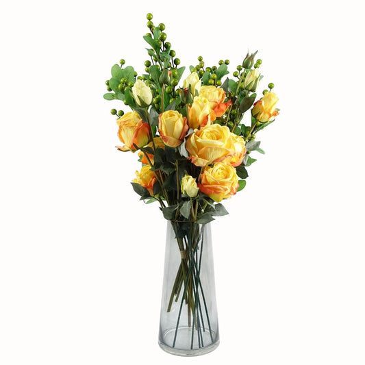 60cm Yellow Rose Arrangement in Glass Vase, Bright and Cheerful