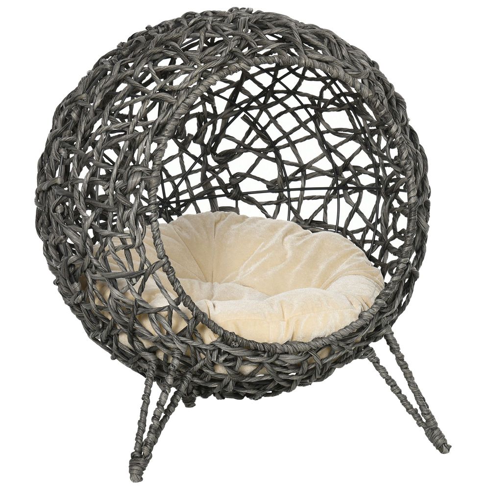 Grey Silver-Tone Rattan Elevated Cat House Basket with Cushion for Comfortable Rest