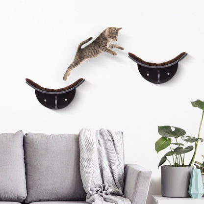 Wall-Mounted Wood Cat Shelf with Curved Climber and Berber Fleece Kitten Bed