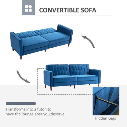 Blue Split Back Convertible Velvet-Touch Sofa Bed, Stylish Futon for Comfort