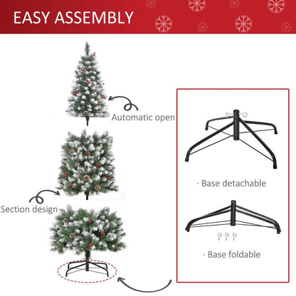 6FT Artificial Christmas Pencil Tree with Berries, Pinecones, and Foldable Feet in Green