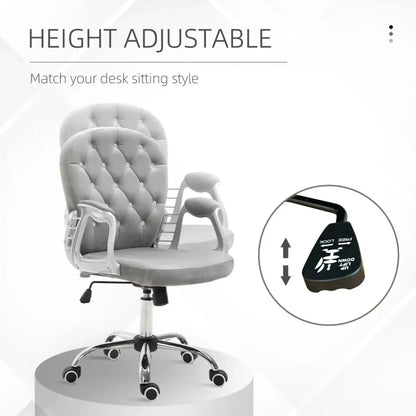 Grey Luxury Velour Office Chair with Diamond Tufted Design and 360° Ergonomic Swivel