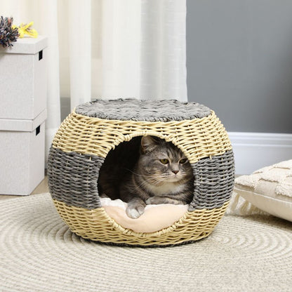 Rattan Raised Cat House with Soft Cushion, 40x30cm for Cozy Cat Comfort