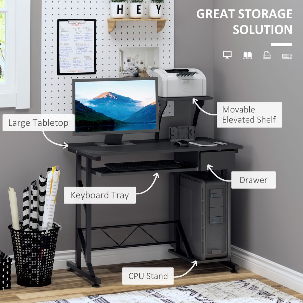 Quality Black Wood Computer Desk with Shelf Tray for Home Office Convenience