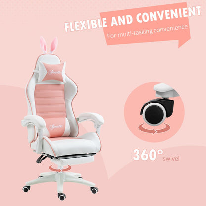 Pink Racing Style Gaming Chair with Footrest and Removable Rabbit Ears for Fun