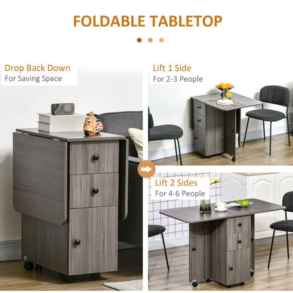 Grey Drop Leaf Dining Table with Storage Drawers, Ideal for Compact Dining Spaces