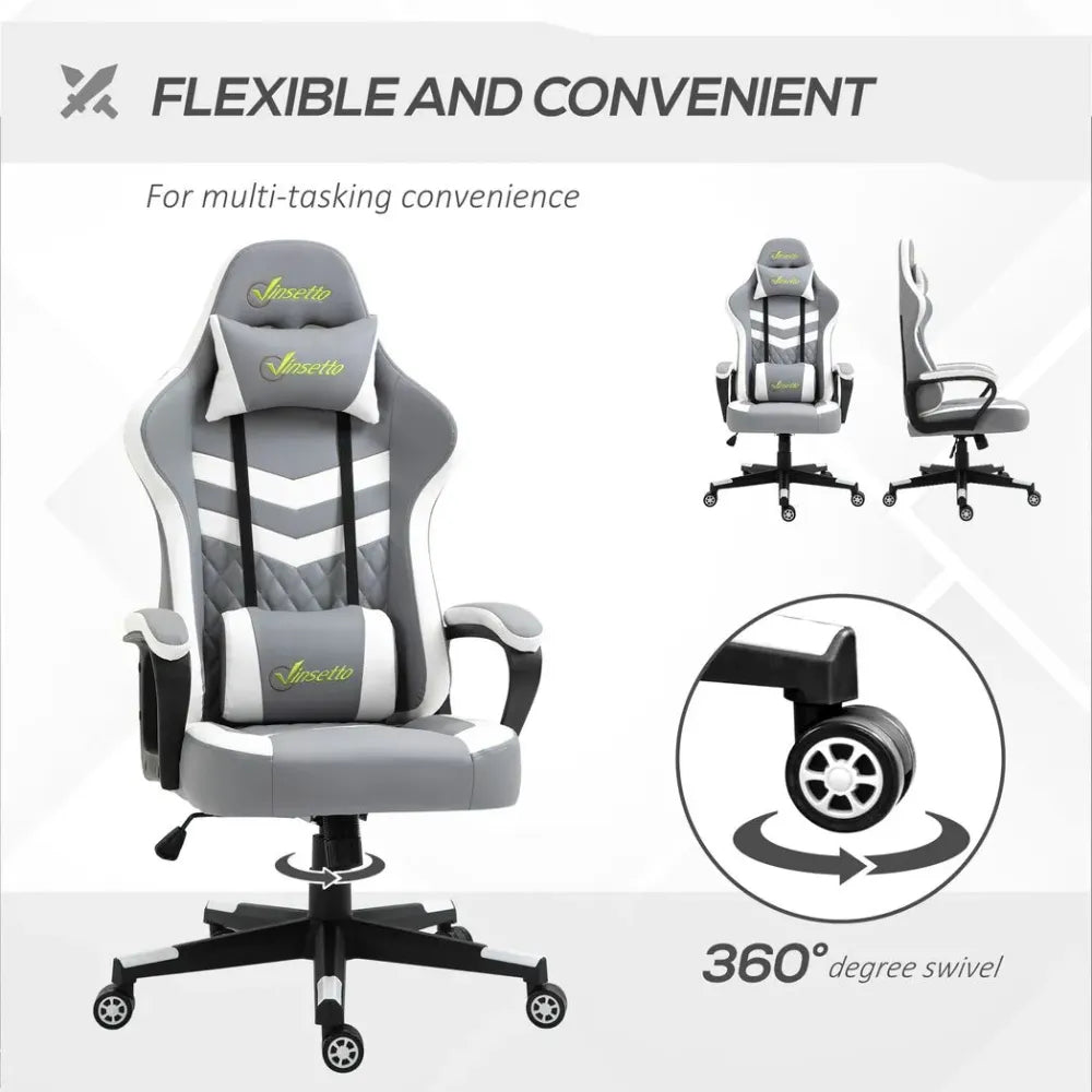 Grey and White Gaming Chair with Lumbar Support and Headrest for Extra Comfort