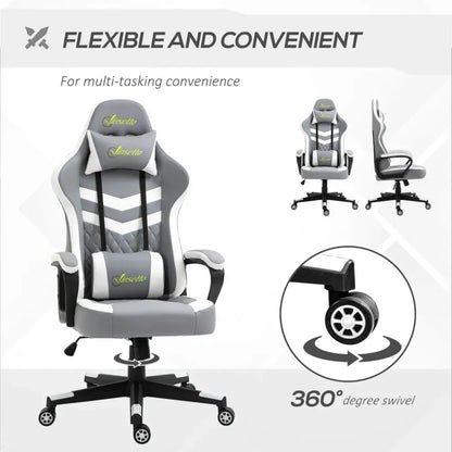 Grey and White Gaming Chair with Lumbar Support and Headrest for Extra Comfort