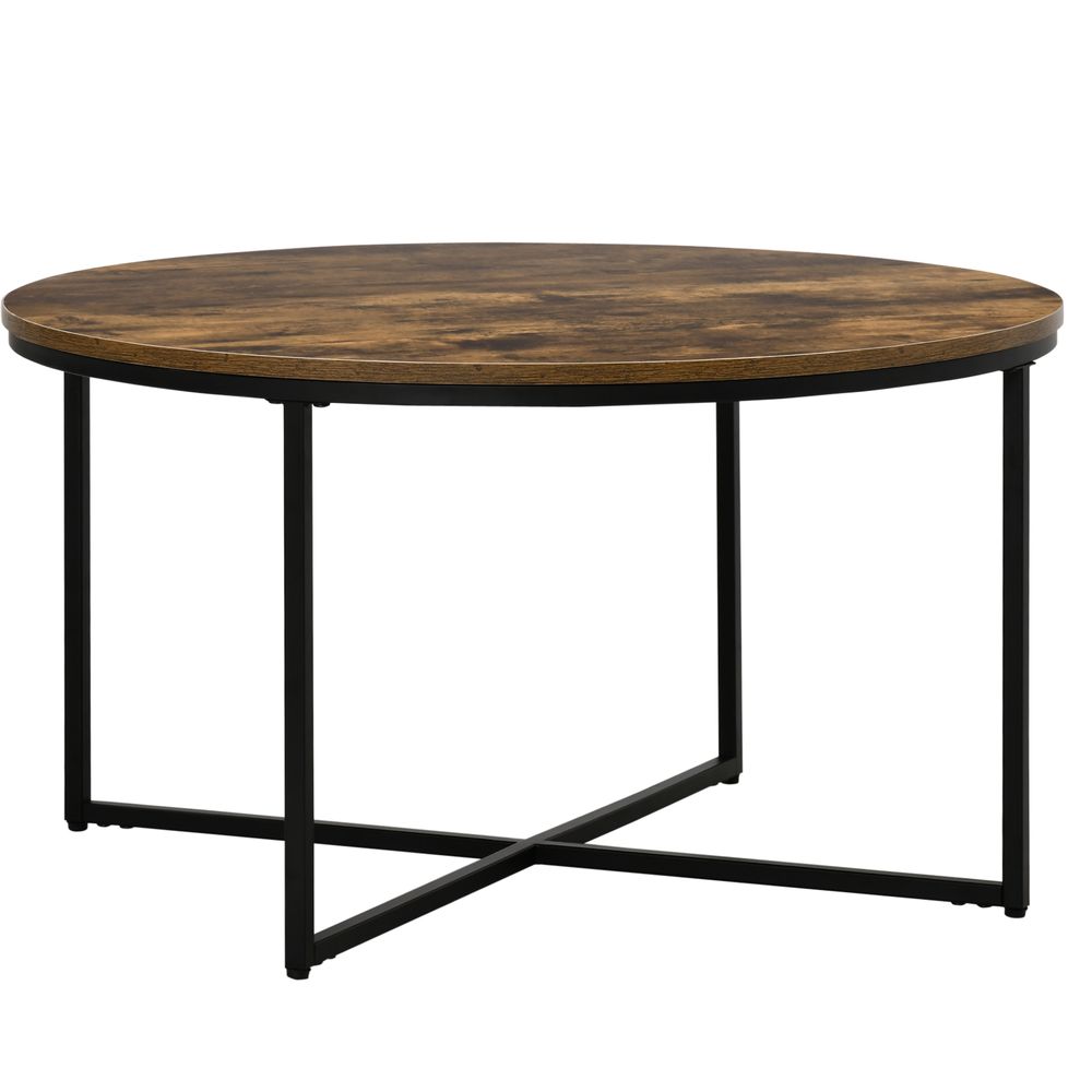 Rustic Brown Industrial Round Side Table with Metal Frame and Large Top