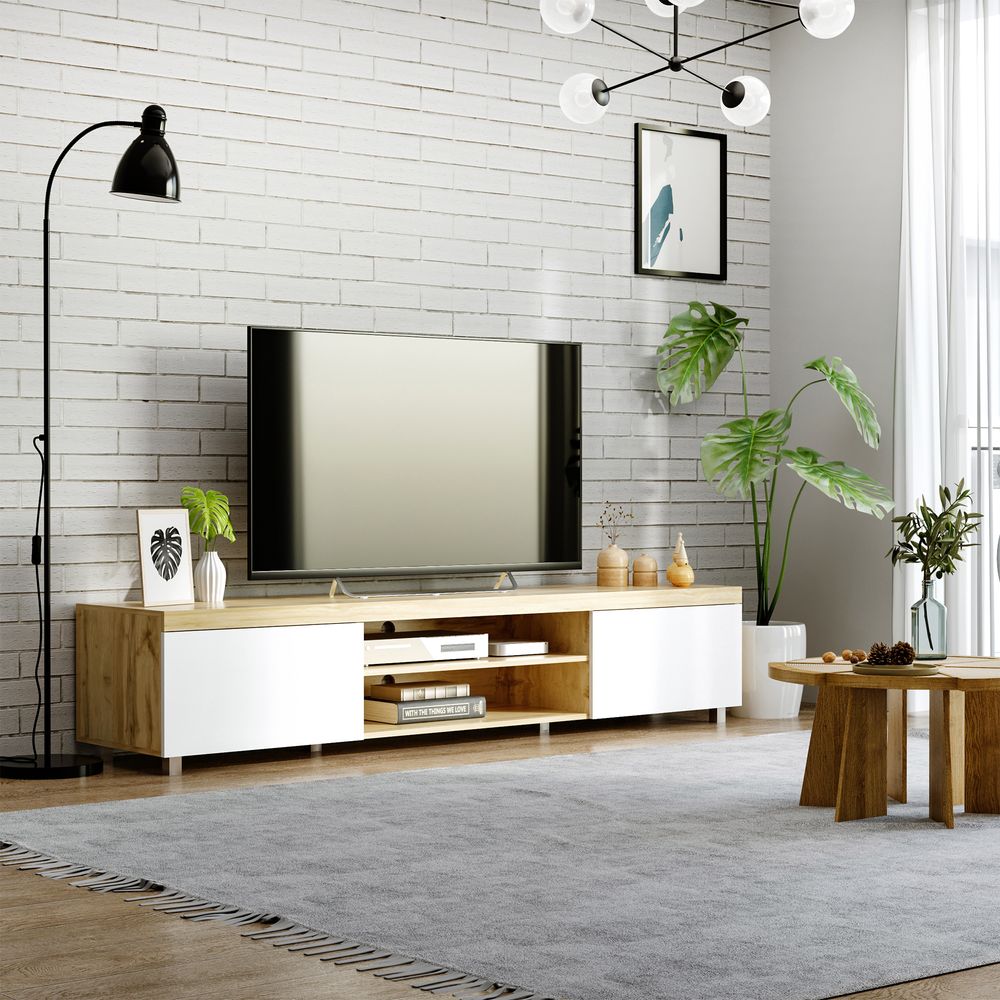 Light Brown Modern TV Unit with Cabinet Shelf for Living Room